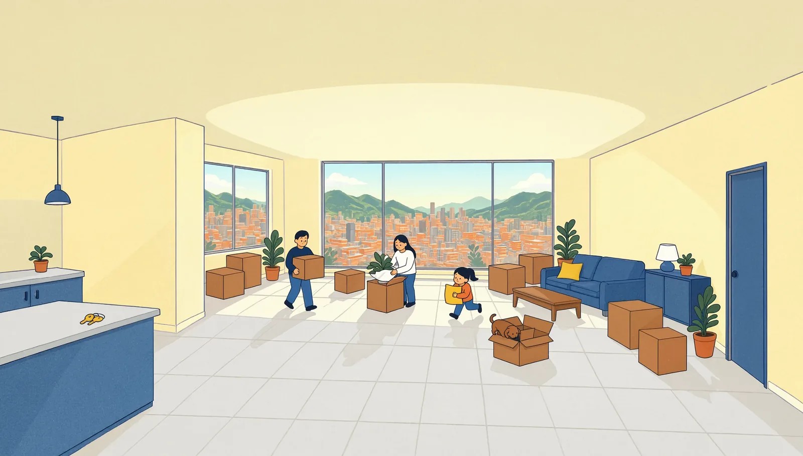 Ilustración: la familia recibe las llaves y se muda a su nueva casa